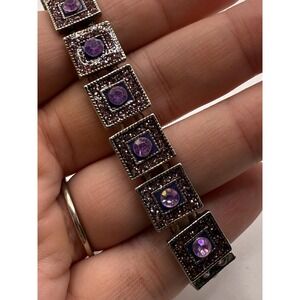 Vintage Silver Tone Purple Rhinestone Stretch Bracelet – Art Deco Square Panel